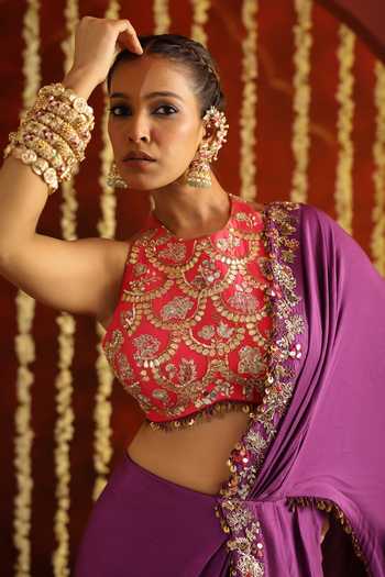 Buy Aaroh By Dolly Purple Muslin, Dupion Halter Sunehri Saanjh Embroidered Pre-draped Saree Set Online at Aza Fashions Buy_Aaroh By Dolly_Purple Muslin, Dupion Halter Sunehri Saanjh Embroidered Pre-draped Saree Set _Online_at_Aza_Fashions