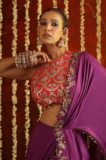Shop Aaroh By Dolly Purple Muslin, Dupion Halter Sunehri Saanjh Embroidered Pre-draped Saree Set Online at Aza Fashions Shop_Aaroh By Dolly_Purple Muslin, Dupion Halter Sunehri Saanjh Embroidered Pre-draped Saree Set _Online_at_Aza_Fashions