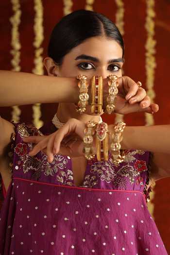 Aaroh By Dolly Purple Chanderi, Muslin, Sunehri Saanjh Hand Embroidered Top With Sharara at Aza Fashions Aaroh By Dolly_Purple Chanderi, Muslin, Sunehri Saanjh Hand Embroidered Top With Sharara _at_Aza_Fashions