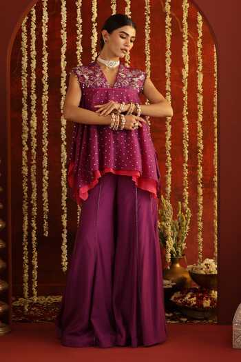Buy Aaroh By Dolly Purple Chanderi, Muslin, Sunehri Saanjh Hand Embroidered Top With Sharara Buy_Aaroh By Dolly_Purple Chanderi, Muslin, Sunehri Saanjh Hand Embroidered Top With Sharara