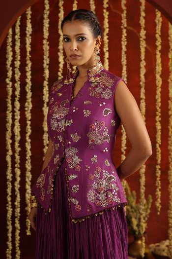 Buy_Aaroh By Dolly_Purple Silk, Muslin, Dupion Sunehri Saanjh Hand Embroidered Waistcoat And Pant Set _Online_at_Aza_Fashions