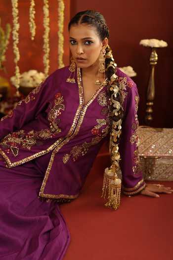 Buy Aaroh By Dolly Purple Silk, Dupion V-neck Sunehri Saanjh Embroidered Kurta And Skirt Set Online at Aza Fashions Buy_Aaroh By Dolly_Purple Silk, Dupion V-neck Sunehri Saanjh Embroidered Kurta And Skirt Set _Online_at_Aza_Fashions