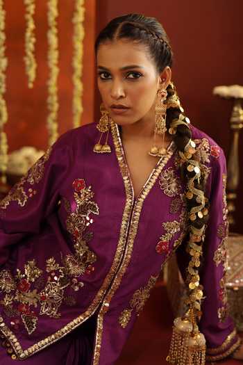 Shop Aaroh By Dolly Purple Silk, Dupion V-neck Sunehri Saanjh Embroidered Kurta And Skirt Set Online at Aza Fashions Shop_Aaroh By Dolly_Purple Silk, Dupion V-neck Sunehri Saanjh Embroidered Kurta And Skirt Set _Online_at_Aza_Fashions