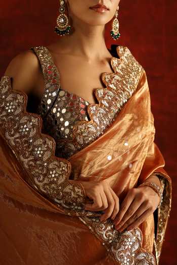Aaroh By Dolly Brown Silk, Tissue V-neck Hand Dabka Embroidered Saree With Blouse Online at Aza Fashions Aaroh By Dolly_Brown Silk, Tissue V-neck Hand Dabka Embroidered Saree With Blouse _Online_at_Aza_Fashions