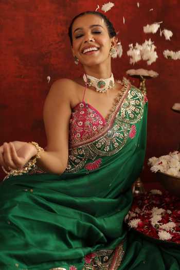 Shop Aaroh By Dolly Green Silk, Dupion Embroidery, Sequins, Pearls Padmira Saree With Corset Online at Aza Fashions Shop_Aaroh By Dolly_Green Silk, Dupion Embroidery, Sequins, Pearls Padmira Saree With Corset _Online_at_Aza_Fashions