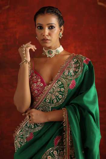 Aaroh By Dolly Green Silk, Dupion Embroidery, Sequins, Pearls Padmira Saree With Corset at Aza Fashions Aaroh By Dolly_Green Silk, Dupion Embroidery, Sequins, Pearls Padmira Saree With Corset _at_Aza_Fashions
