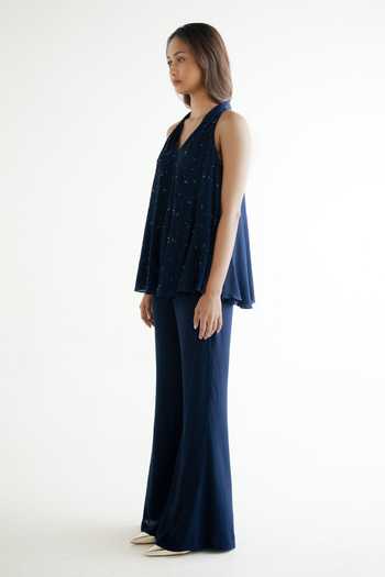Forty Four Blue Crepe Halter Neck Hand Embellished Top And Pant Set Online at Aza Fashions Forty Four_Blue Crepe Halter Neck Hand Embellished Top And Pant Set _Online_at_Aza_Fashions
