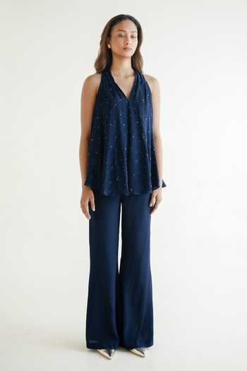 Shop Forty Four Blue Crepe Halter Neck Hand Embellished Top And Pant Set Online at Aza Fashions Shop_Forty Four_Blue Crepe Halter Neck Hand Embellished Top And Pant Set _Online_at_Aza_Fashions