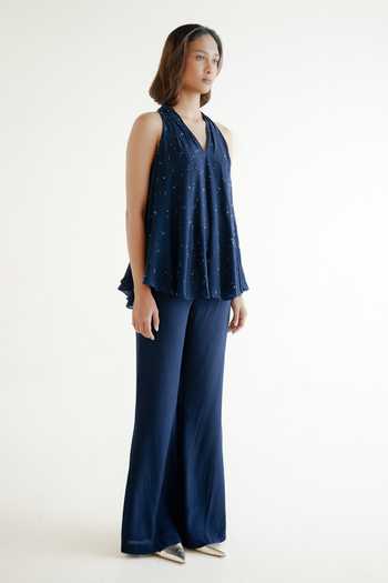 Forty Four Blue Crepe Halter Neck Hand Embellished Top And Pant Set at Aza Fashions Forty Four_Blue Crepe Halter Neck Hand Embellished Top And Pant Set _at_Aza_Fashions