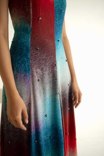 Shop_Forty Four_Multi Color Crepe High Neck Block Pattern Dress _Online_at_Aza_Fashions
