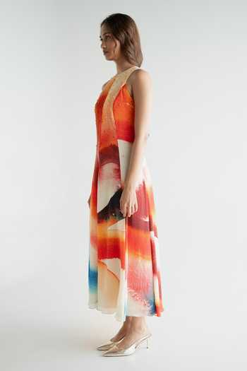 Shop_Forty Four_Multi Color Crepe Round Neck Hand Work Print Dress _Online_at_Aza_Fashions