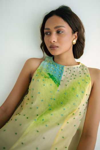 Shop Forty Four Multi Color Crepe High Neck Stone Embellished Ombre Dress Online at Aza Fashions Shop_Forty Four_Multi Color Crepe High Neck Stone Embellished Ombre Dress _Online_at_Aza_Fashions