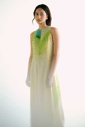Forty Four Multi Color Crepe High Neck Stone Embellished Ombre Dress at Aza Fashions Forty Four_Multi Color Crepe High Neck Stone Embellished Ombre Dress _at_Aza_Fashions