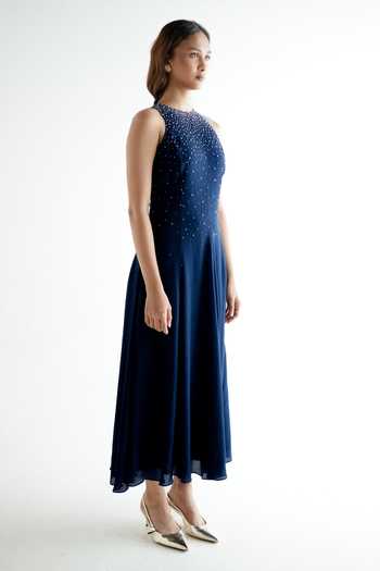 Forty Four_Blue Crepe High Neck Hand Work Embellished Dress _Online_at_Aza_Fashions