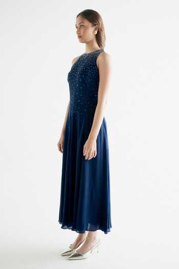 Buy_Forty Four_Blue Crepe High Neck Hand Work Embellished Dress _Online_at_Aza_Fashions
