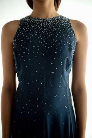 Shop_Forty Four_Blue Crepe High Neck Hand Work Embellished Dress _Online_at_Aza_Fashions