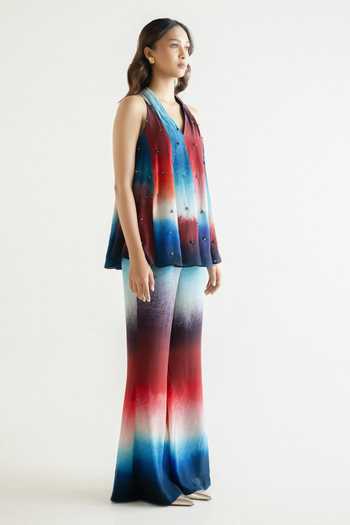 Buy_Forty Four_Multi Color Crepe Embroidery, Stones Halter Neck Ombre Gradient Top Pant Set _Online_at_Aza_Fashions