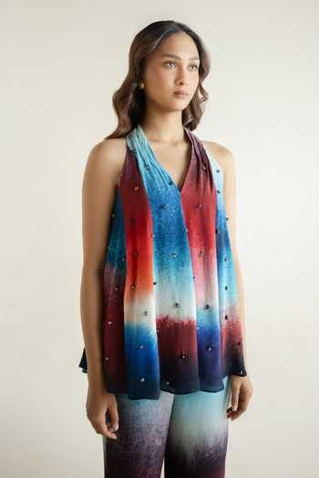 Buy_Forty Four_Multi Color Crepe Embroidery, Stones Halter Neck Ombre Gradient Top Pant Set 