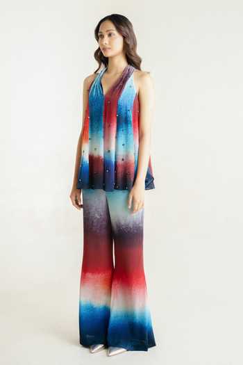 Shop_Forty Four_Multi Color Crepe Embroidery, Stones Halter Neck Ombre Gradient Top Pant Set 