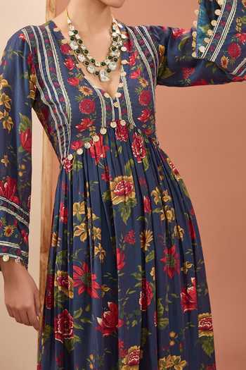 Neha Khullar Blue Silk, Cotton, Viscose Tassels, Embroidery Floral Print Anarkali Pant Set Online at Aza Fashions Neha Khullar_Blue Silk, Cotton, Viscose Tassels, Embroidery Floral Print Anarkali Pant Set _Online_at_Aza_Fashions