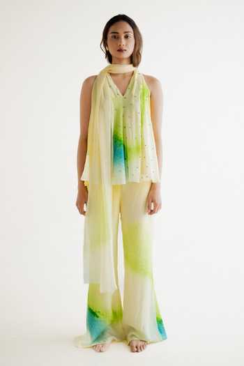 Forty Four_Multi Color Crepe Stones, Embroidery, Digital Gradient Pattern Top Pant Set _at_Aza_Fashions