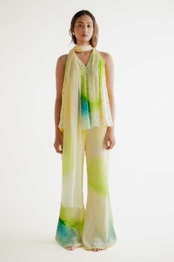 Shop_Forty Four_Multi Color Crepe Stones, Embroidery, Digital Gradient Pattern Top Pant Set 