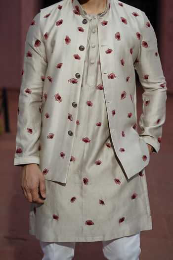 Kaaj Button X AZA Gold Silk, Embroidery Floral Bundi And Kurta Set For Kids Online at Aza Fashions Kaaj Button X AZA_Gold Silk, Embroidery Floral Bundi And Kurta Set For Kids_Online_at_Aza_Fashions