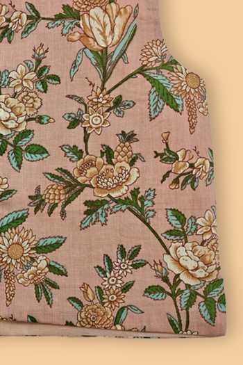Byb Premium_Peach Cotton Floral Print Bundi Kurta Set _at_Aza_Fashions