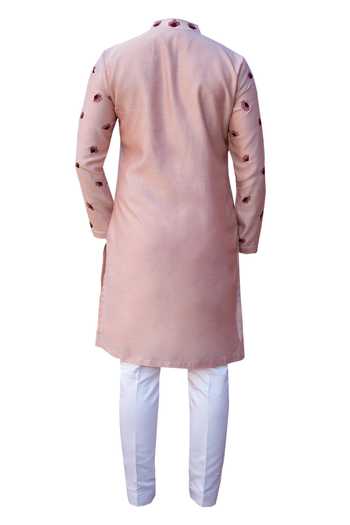 Shop Kaaj Button X AZA Pink Chanderi Silk Embroidery Floral Kurta Set For Kids at Aza Fashions Shop_Kaaj Button X AZA_Pink Chanderi Silk Embroidery Floral Kurta Set For Kids_at_Aza_Fashions