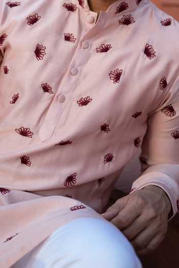 Kaaj Button X AZA Pink Chanderi Silk Embroidery Floral Kurta Set For Kids Online at Aza Fashions Kaaj Button X AZA_Pink Chanderi Silk Embroidery Floral Kurta Set For Kids_Online_at_Aza_Fashions