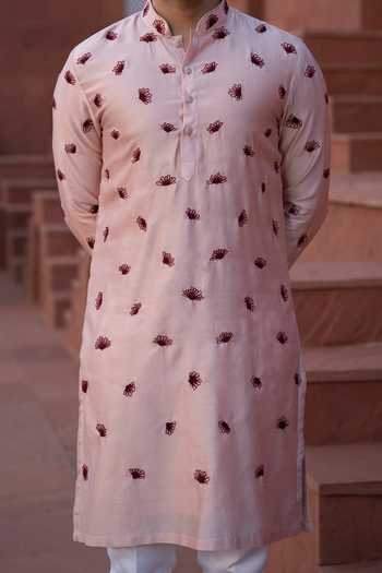Buy Kaaj Button X AZA Pink Chanderi Silk Embroidery Floral Kurta Set For Kids Online at Aza Fashions Buy_Kaaj Button X AZA_Pink Chanderi Silk Embroidery Floral Kurta Set For Kids_Online_at_Aza_Fashions