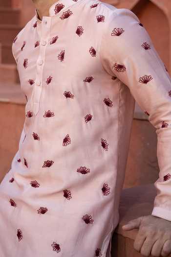 Shop Kaaj Button X AZA Pink Chanderi Silk Embroidery Floral Kurta Set For Kids Online at Aza Fashions Shop_Kaaj Button X AZA_Pink Chanderi Silk Embroidery Floral Kurta Set For Kids_Online_at_Aza_Fashions