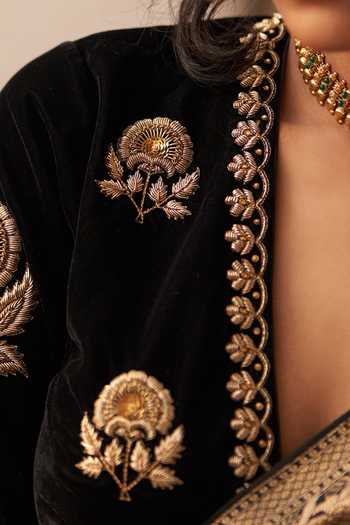 Label Earthen Black Velvet, Silk Embroidery, Zari V-neck Surma Rani Phool Saree And Blouse Set Online at Aza Fashions Label Earthen_Black Velvet, Silk Embroidery, Zari V-neck Surma Rani Phool Saree And Blouse Set _Online_at_Aza_Fashions
