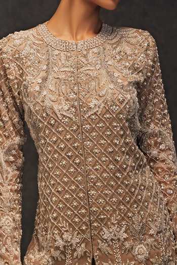 Buy_Studio22 By Pulkita Arora Bajaj_Beige Organza Pearls, Stellar Embellished Bloom Short Kurta With Sharara For Kids_Online_at_Aza_Fashions
