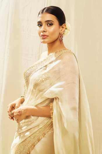 Buy_Gopi Vaid_Ivory Organza, Tissue, Tussar Zoya Shimmer Saree With Embroidered Blouse _Online_at_Aza_Fashions
