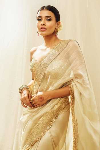 Shop_Gopi Vaid_Ivory Organza, Tissue, Tussar Zoya Shimmer Saree With Embroidered Blouse _Online_at_Aza_Fashions