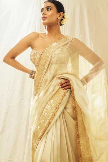 Gopi Vaid_Ivory Organza, Tissue, Tussar Zoya Shimmer Saree With Embroidered Blouse _at_Aza_Fashions