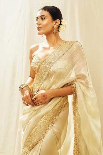 Buy_Gopi Vaid_Ivory Organza, Tissue, Tussar Zoya Shimmer Saree With Embroidered Blouse 