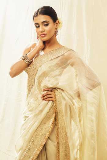 Shop_Gopi Vaid_Ivory Organza, Tissue, Tussar Zoya Shimmer Saree With Embroidered Blouse 