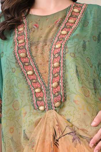 Buy_Peenacolada_Green Georgette Round Neck Floral Print Ombre Kaftan _Online_at_Aza_Fashions