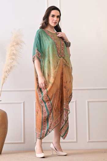 Shop_Peenacolada_Green Georgette Round Neck Floral Print Ombre Kaftan _Online_at_Aza_Fashions
