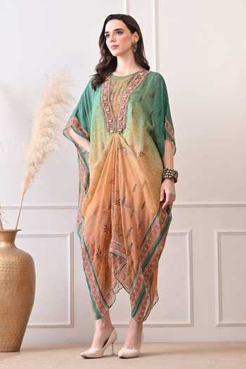 Buy_Peenacolada_Green Georgette Round Neck Floral Print Ombre Kaftan 