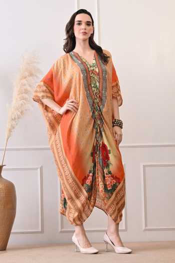 Peenacolada_Orange Modal V-neck Placed Floral Print Kaftan _Online_at_Aza_Fashions