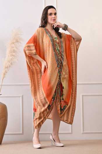 Buy_Peenacolada_Orange Modal V-neck Placed Floral Print Kaftan _Online_at_Aza_Fashions