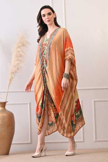 Shop_Peenacolada_Orange Modal V-neck Placed Floral Print Kaftan _Online_at_Aza_Fashions