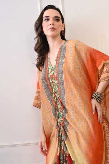 Buy_Peenacolada_Orange Modal V-neck Placed Floral Print Kaftan 