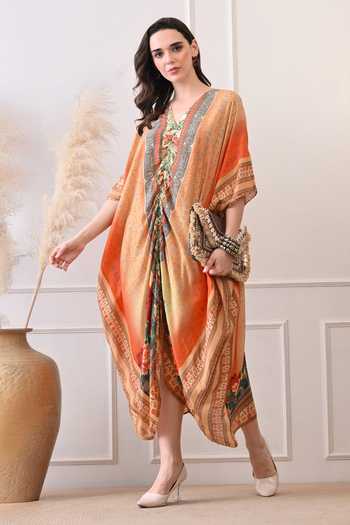 Shop_Peenacolada_Orange Modal V-neck Placed Floral Print Kaftan 