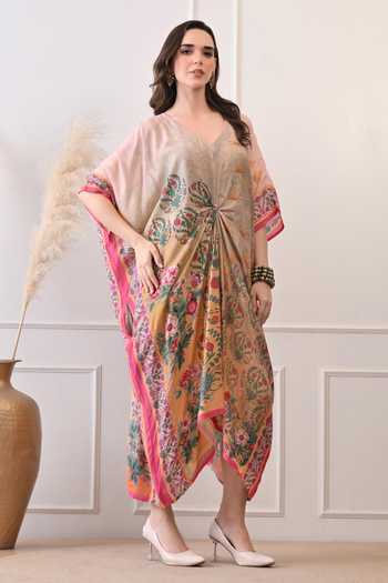 Peenacolada_Grey Modal V-neck Floral Print Knotted Kaftan _Online_at_Aza_Fashions