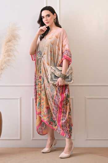 Buy_Peenacolada_Grey Modal V-neck Floral Print Knotted Kaftan _Online_at_Aza_Fashions