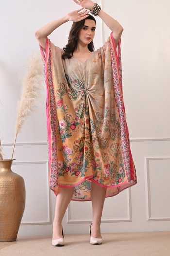 Shop_Peenacolada_Grey Modal V-neck Floral Print Knotted Kaftan _Online_at_Aza_Fashions